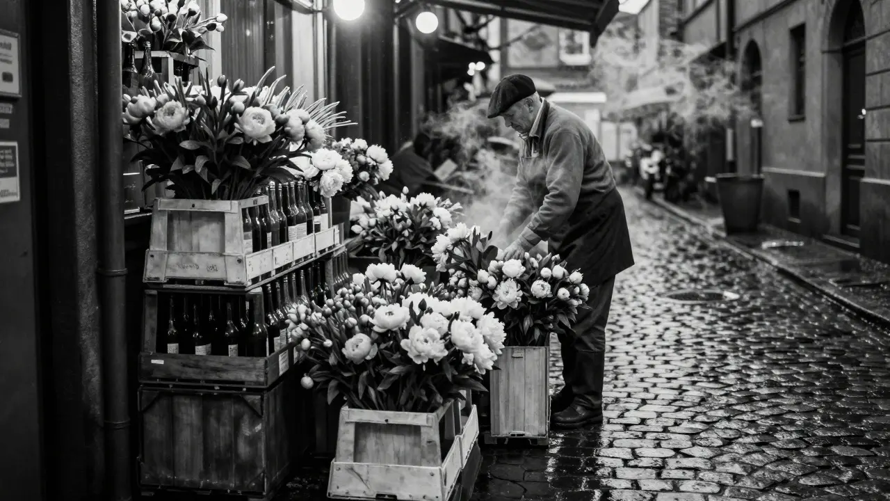 An early morning alley behind Viktualienmarkt with flower vendors arranging stalls, glass bottles glinting under dim streetlights, cobblestones wet with rain.