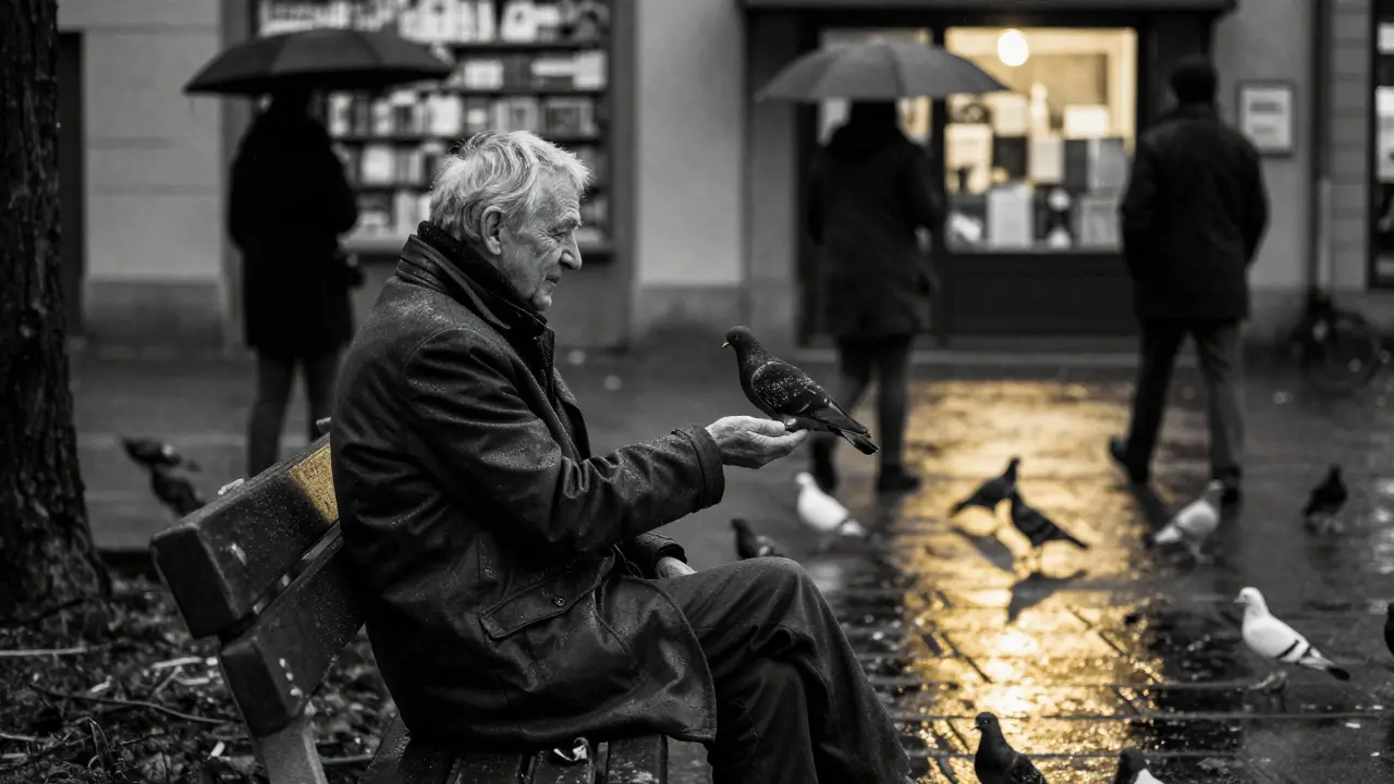 An elderly man feeds pigeons on a rainy bench in Schwabing, soft light glowing from a nearby bookstore window.