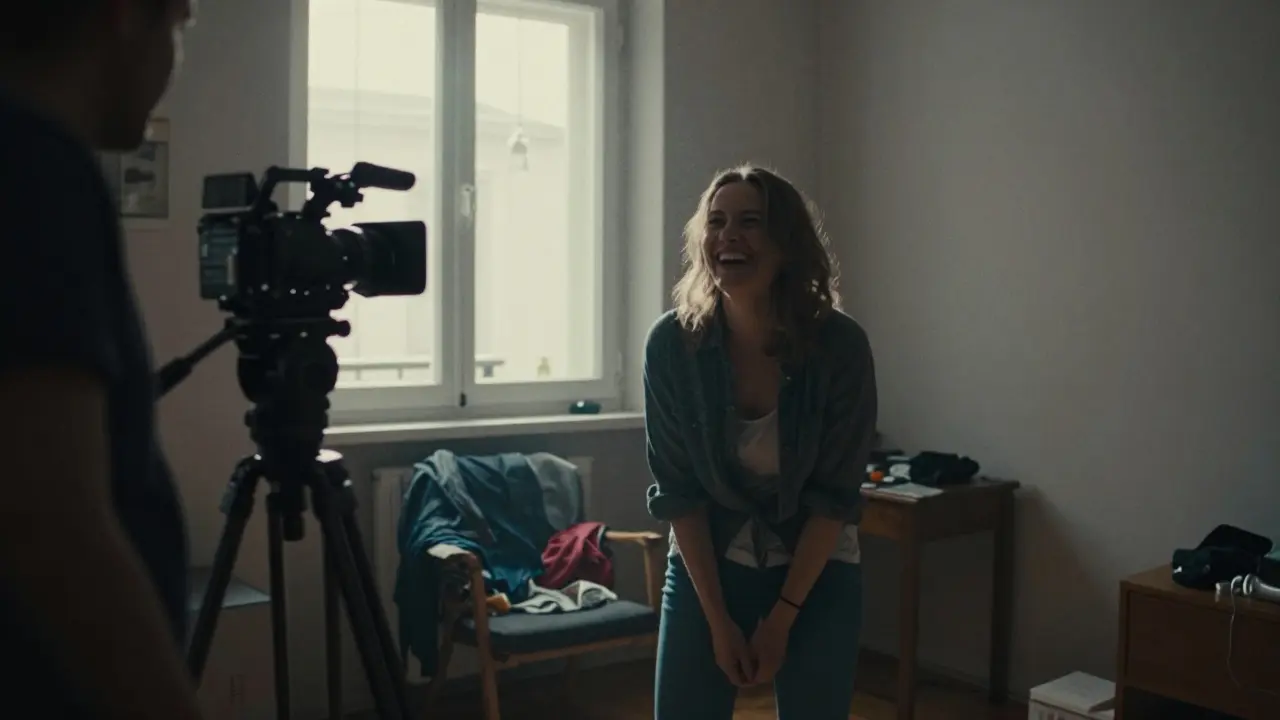 An intimate film scene shot in a simple Munich apartment, natural light, no studio equipment, genuine laughter captured.