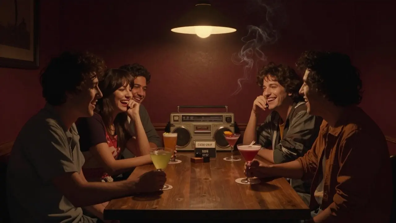 An intimate underground bar with people laughing over unique cocktails under dim lighting.