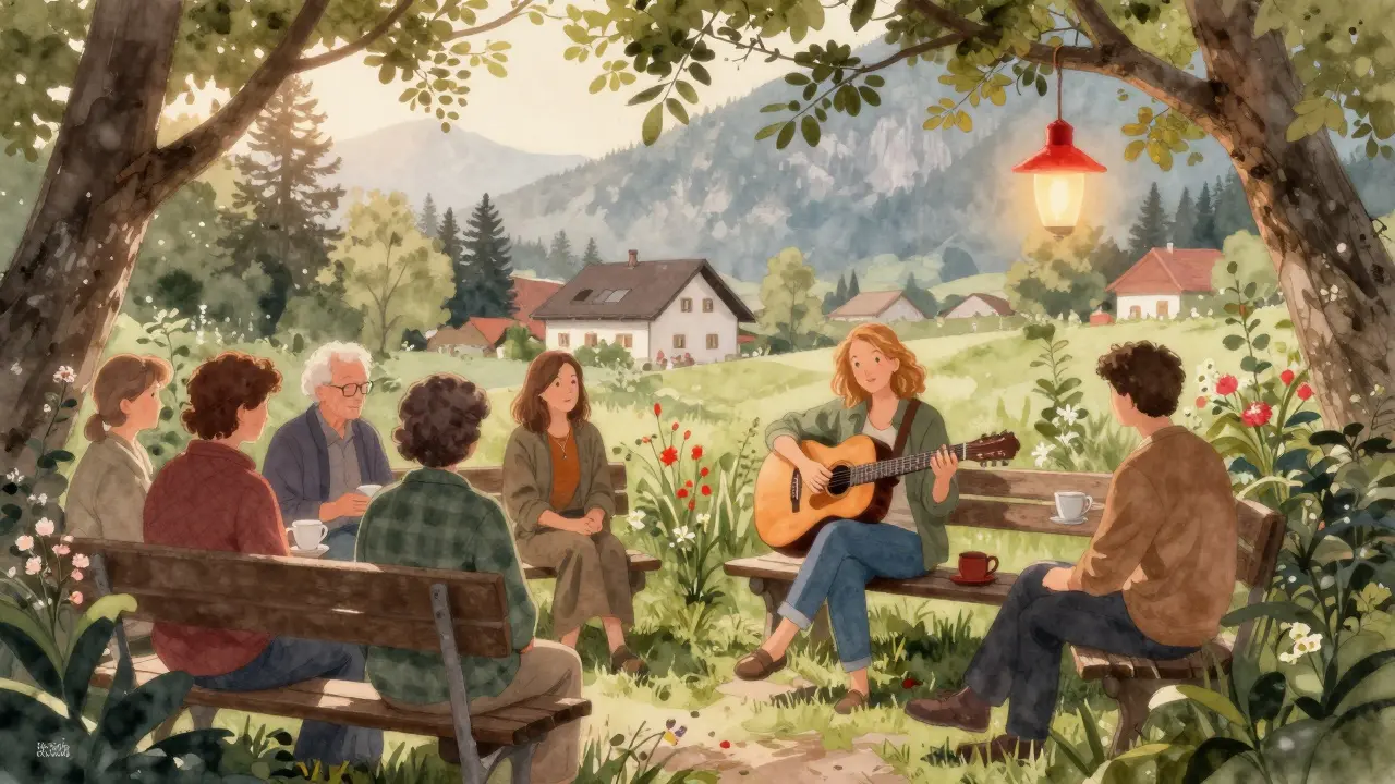 Annette in a quiet garden at dawn, playing guitar as others listen peacefully under a red lamp.