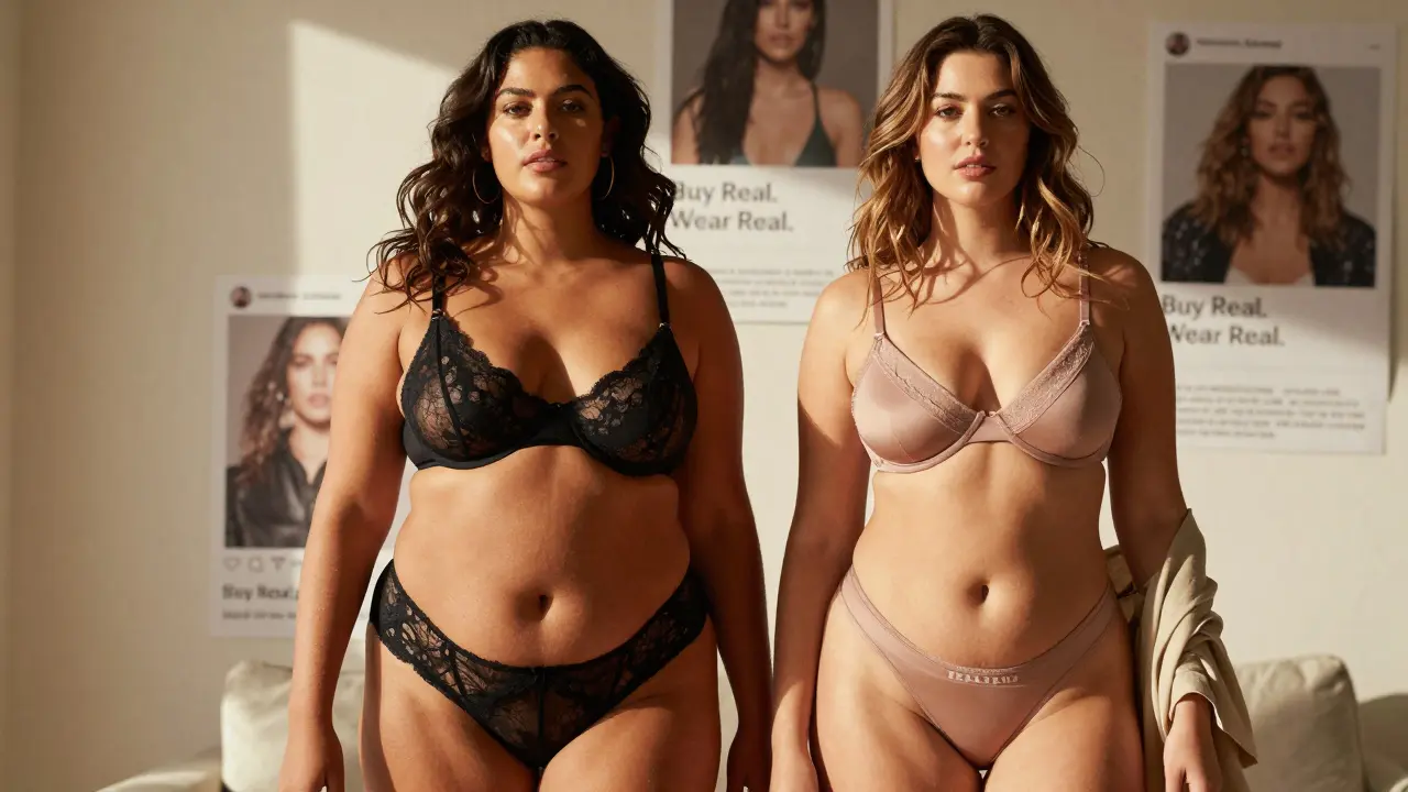 Ashley Graham and Paloma Elsesser standing together in natural light, showcasing unretouched skin and elegant lingerie.
