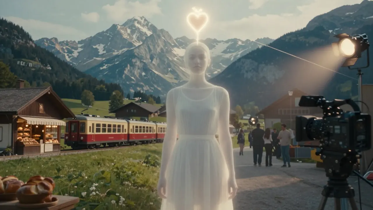 Briana Banks standing between German countryside and Hollywood set, connected by a glowing thread.