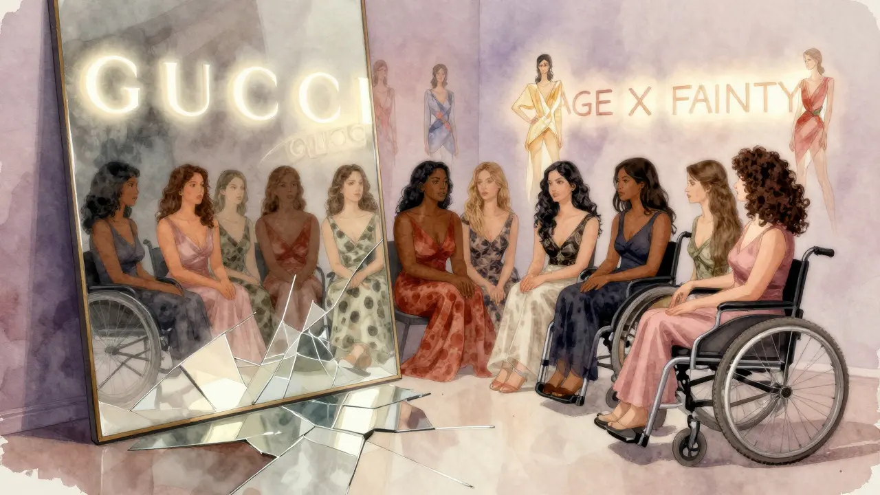 Broken mirror reflecting women of various sizes and skin tones, with fashion brand logos glowing above.
