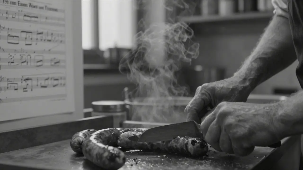 Butcher's hands slicing sausage, steam and tears, no face shown, quiet grief in the light.