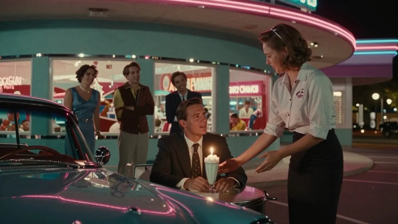 Classic car outside a retro diner, groom receiving a candlelit milkshake from a waitress.