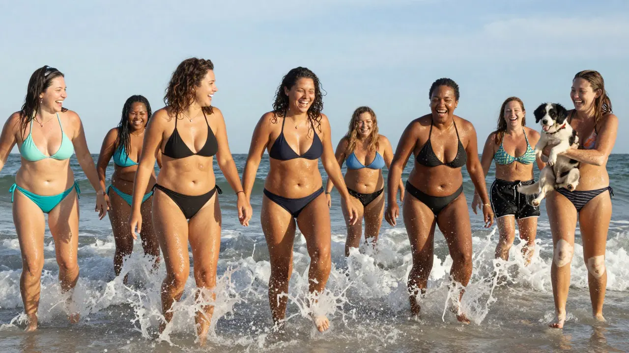Diverse group of people laughing and splashing in shallow waves, real bodies visible, natural sunlight.