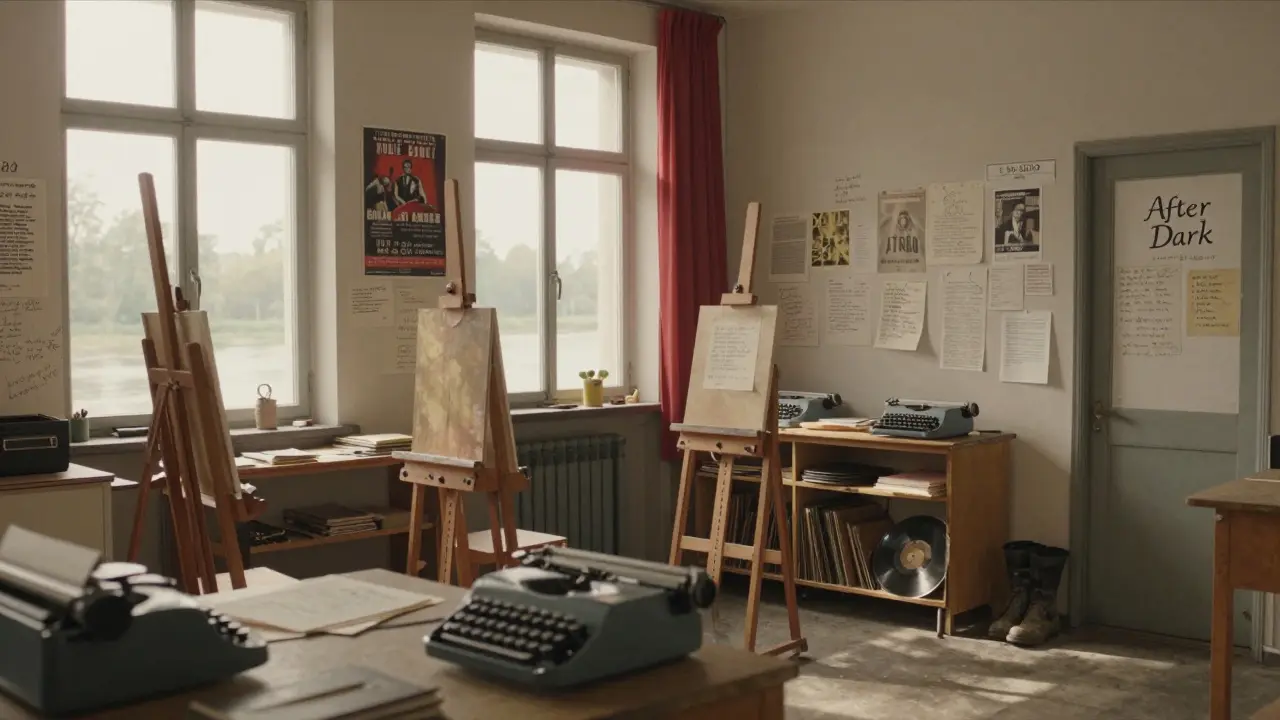Empty artist residency space with zines, typewriters, and boots, morning light streaming through windows.