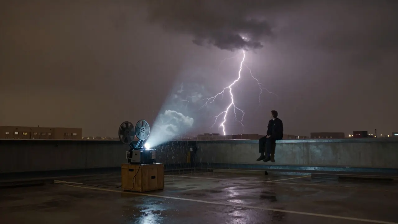 Figure watches a storm-lit film projection on a rooftop, clouds above, rain soaking the screen.