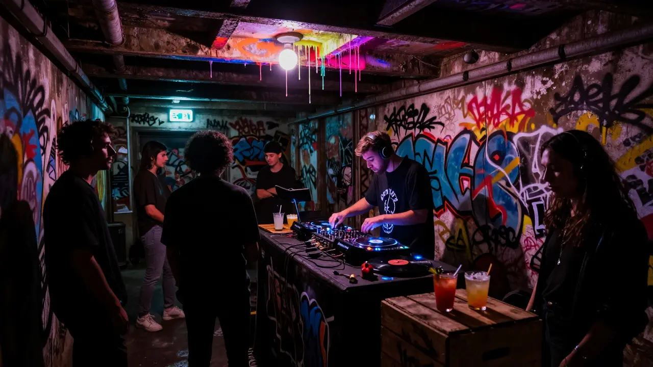Graffiti-filled basement club Backstage with DJ and silhouetted patrons lost in music.