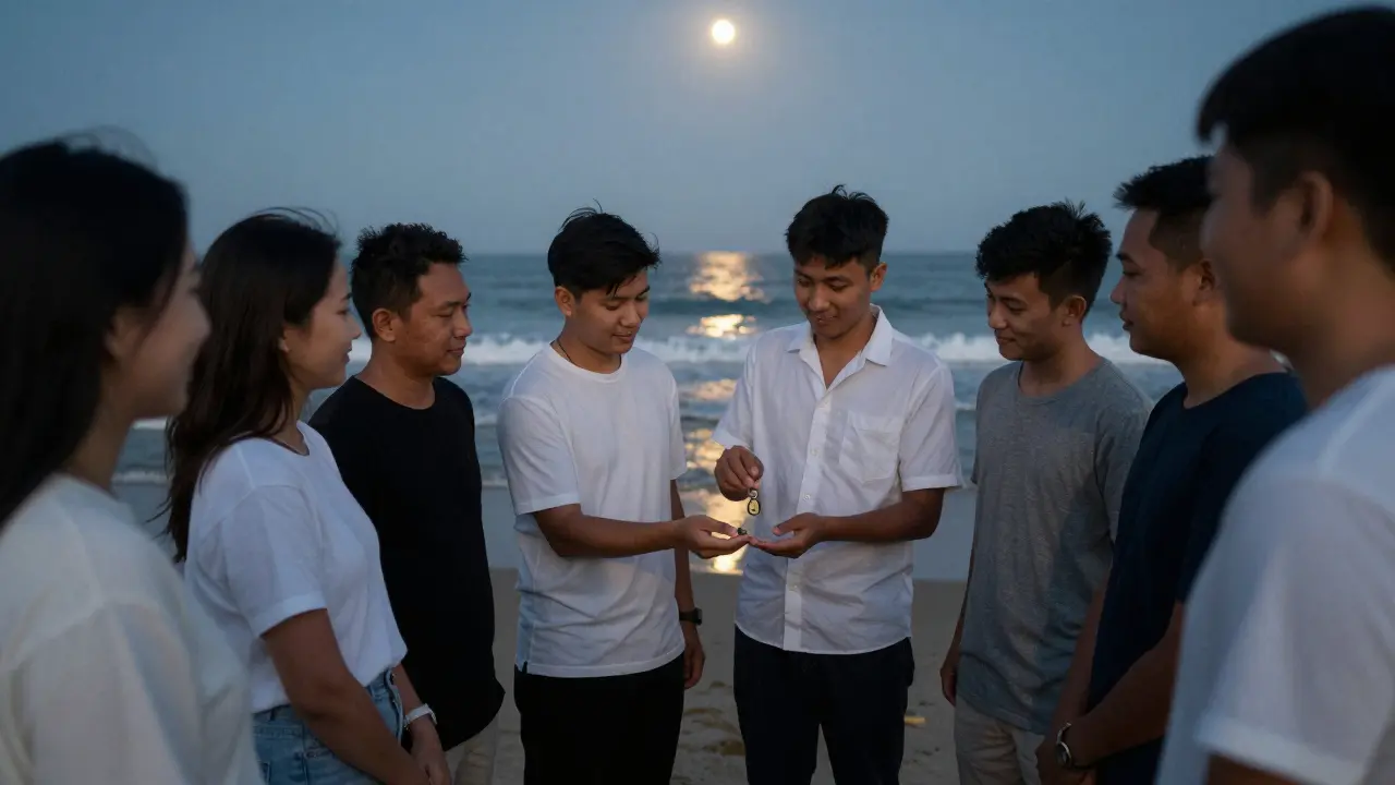 Group on a beach at night handing groom a small keychain, moonlight, quiet celebration.