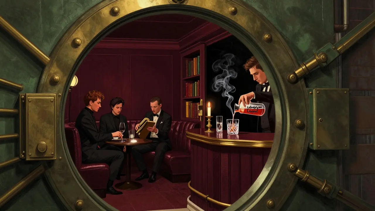 Hidden speakeasy bar in Munich with jazz music, dim lighting, and a signature cocktail being poured.