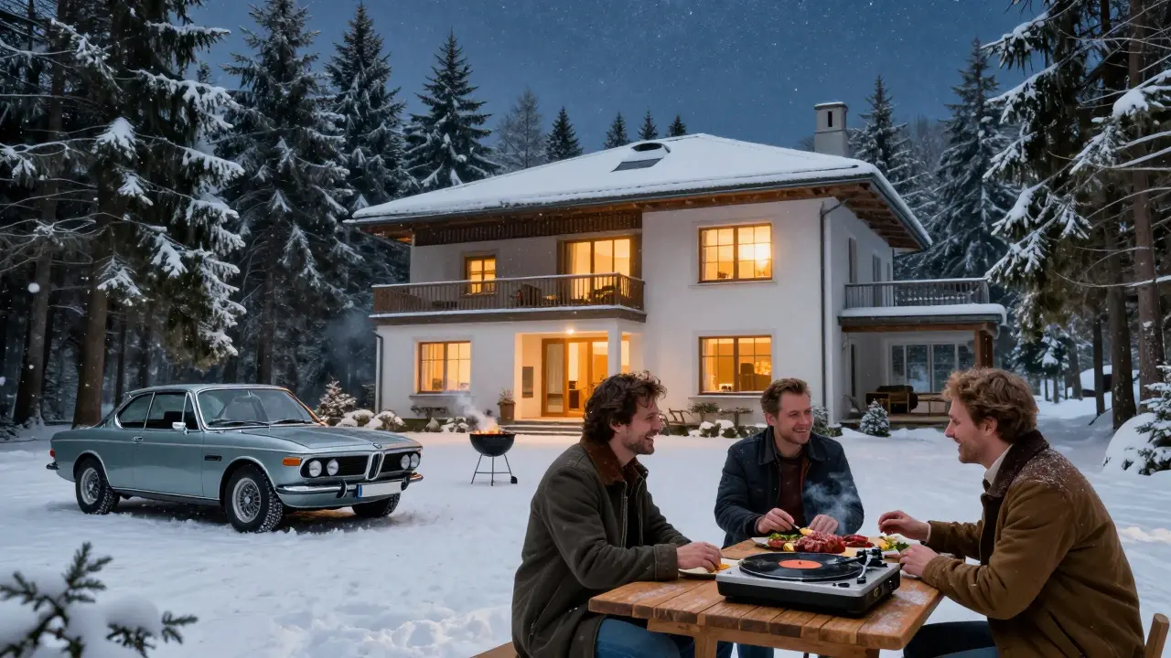 Luxury villa in snowy forest near Munich with vintage car and warm lights glowing at night.