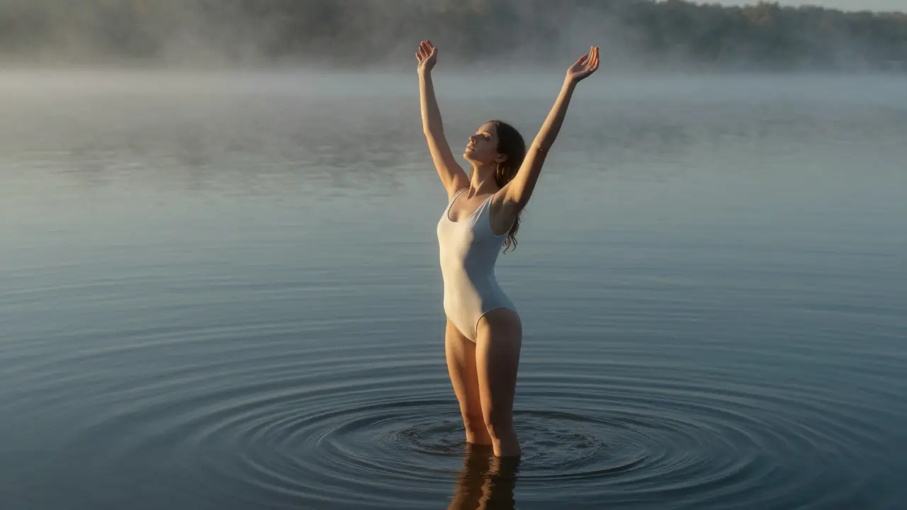 Non-binary model standing in calm lake at dawn, arms raised to sun, mist rising around them.