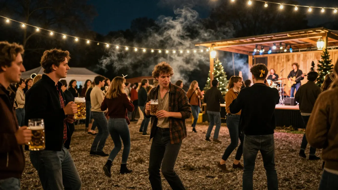 People dancing at Prater Garten under string lights with beer steins and live band on stage.