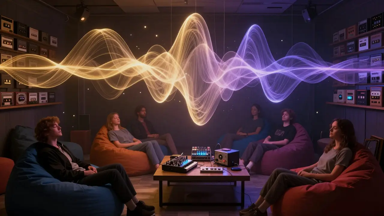 People sitting quietly in a dim room, surrounded by glowing sonic waves and vintage equipment.