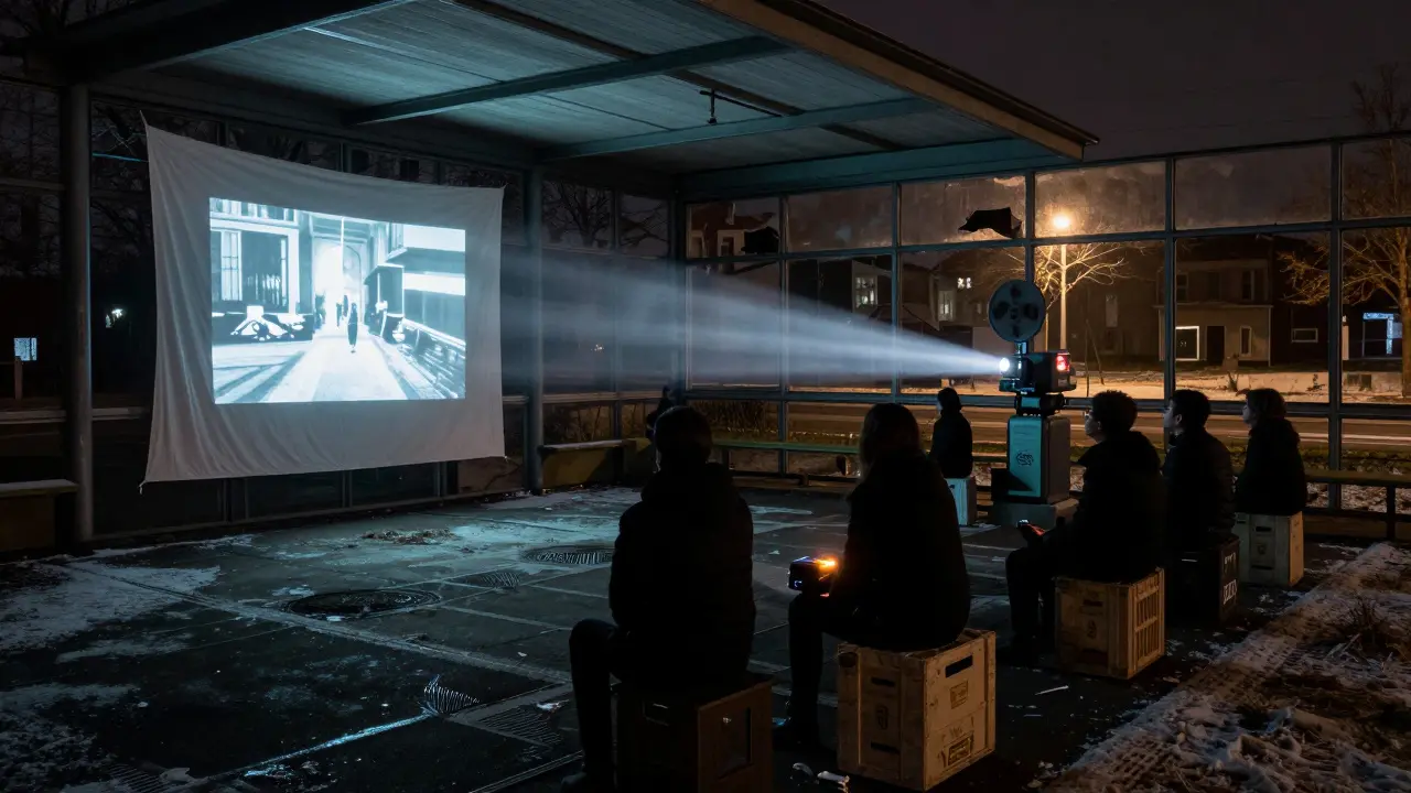 People watching a projected film in an abandoned tram depot at night, illuminated only by the screen’s glow.