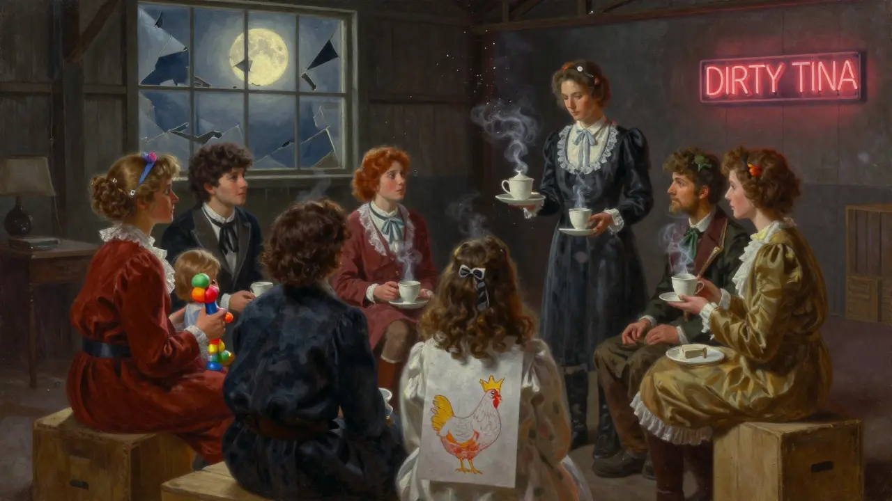 Performers serve tea to a circle of strangers after the show, holding personal objects left in the memory box.