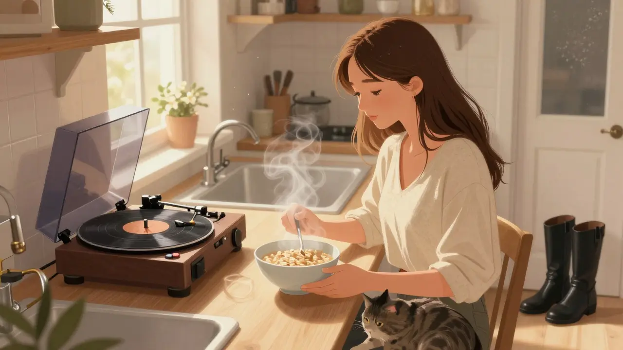 Sandra Star eating oatmeal in her Munich kitchen at dawn, cat beside her, boots by the door.