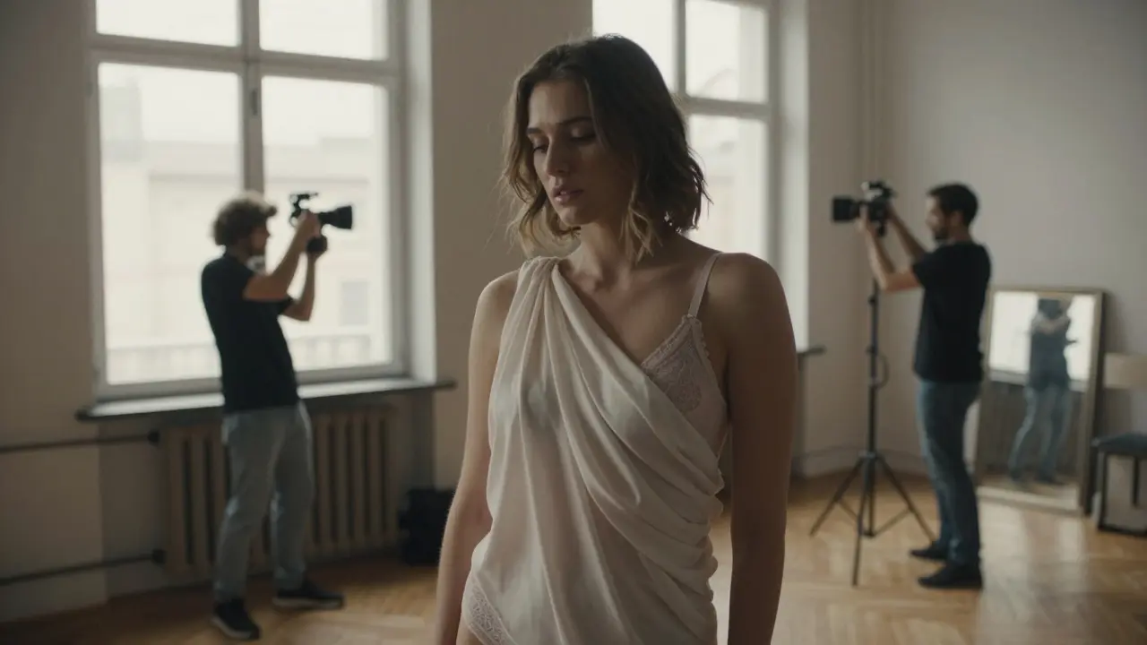 Sandra Star in a Haidhausen loft during an authentic lingerie photoshoot with natural light and small crew.