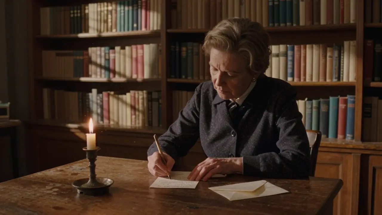 Sandra Star writing a letter by candlelight in a quiet bookshop filled with old books.