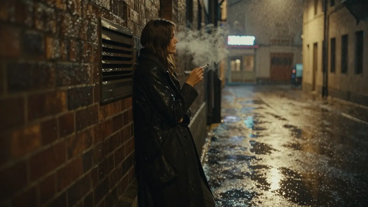 Silhouetted figure in a rainy Munich alley at dawn, holding a cigarette, reflections in puddles.