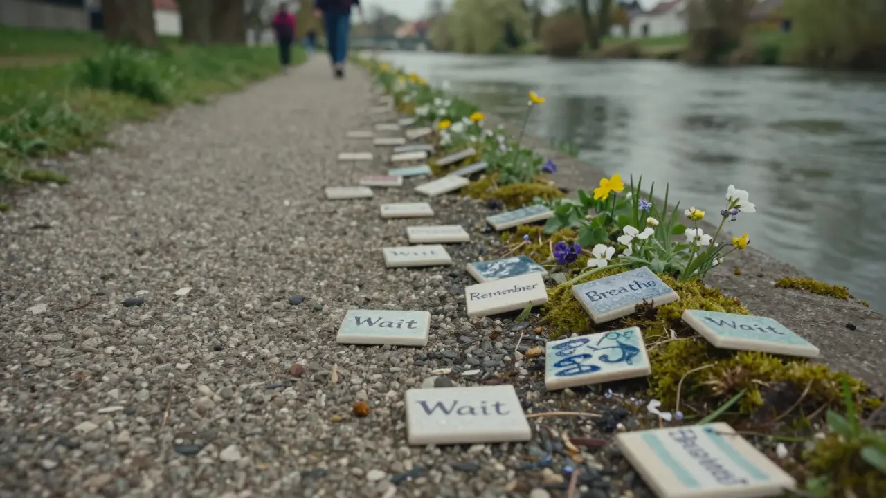 Small ceramic tiles with words like &#039;Wait&#039; and &#039;Remember&#039; scattered along a river path, some covered in moss, with wildflowers beside them.