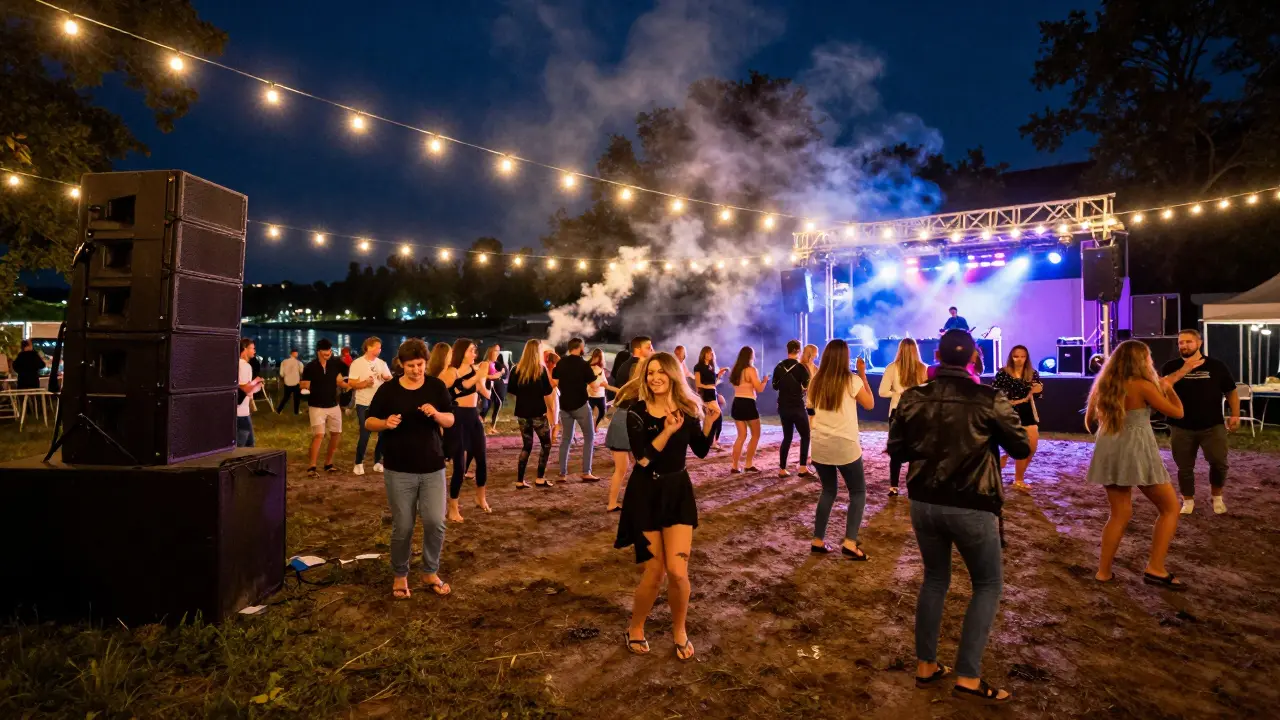 Thousands dancing outdoors on a muddy field under string lights at night.