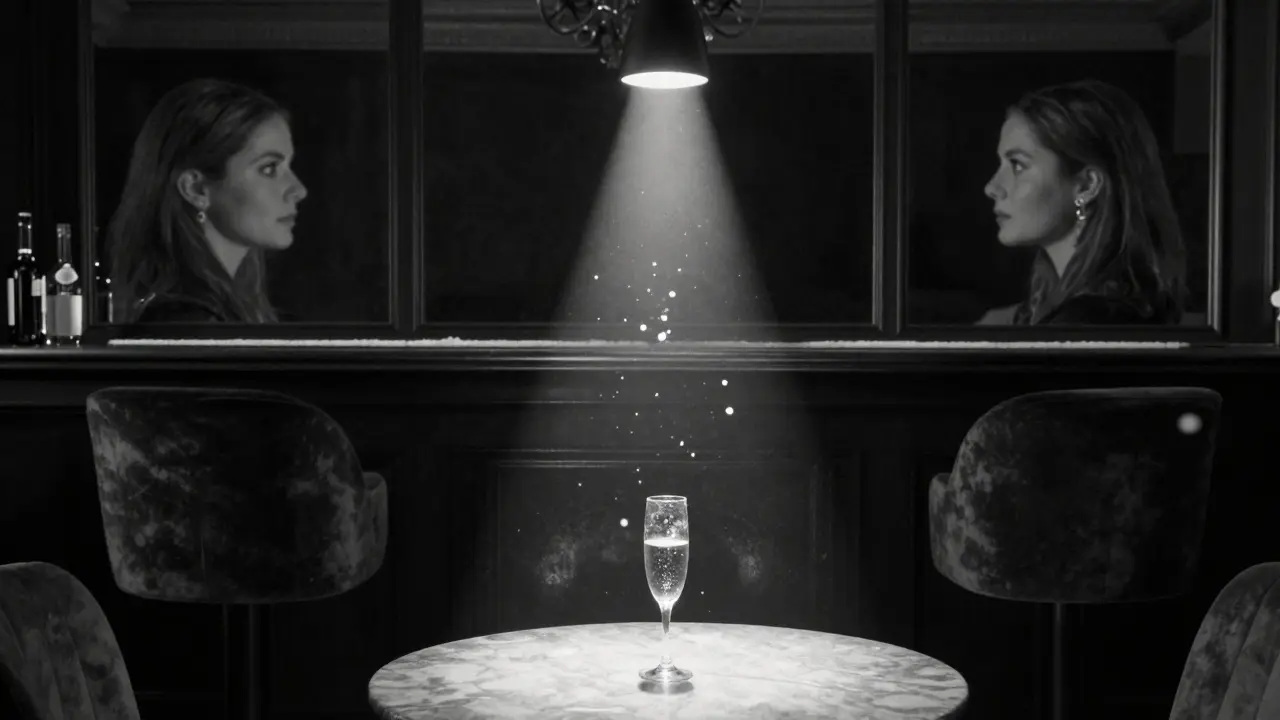 Three abstract symbols of her legacy: a spotlight, a reflection, and a champagne glass in empty elegance.