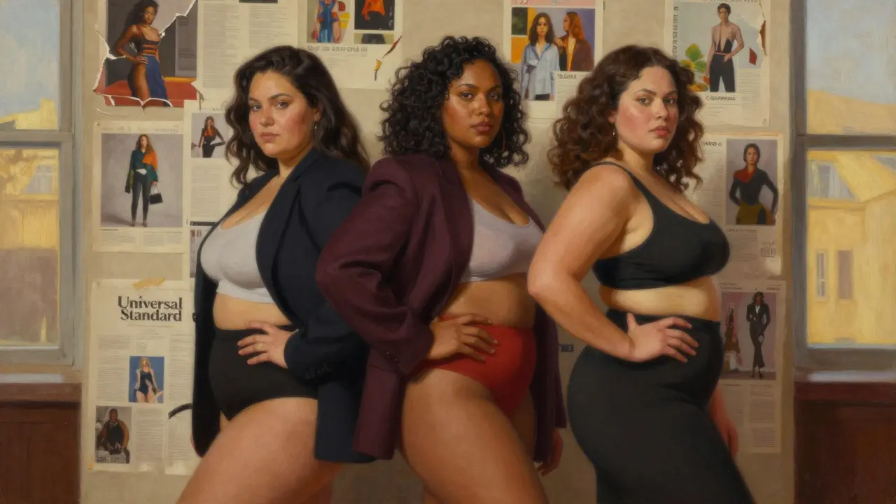 Three curvy models stand strong in tailored clothing, behind them a wall of torn fashion magazine pages with outdated size labels.