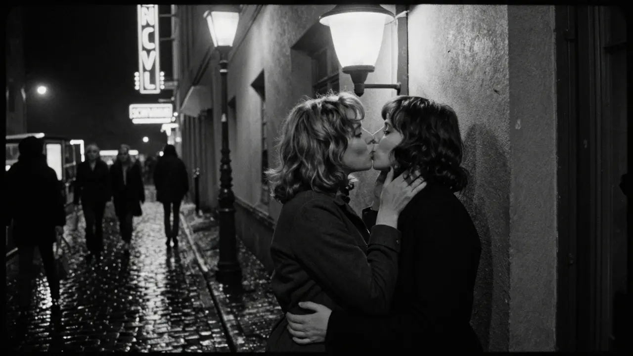 Two women kissing under a flickering streetlamp in 1970s Munich, rain reflecting neon lights.