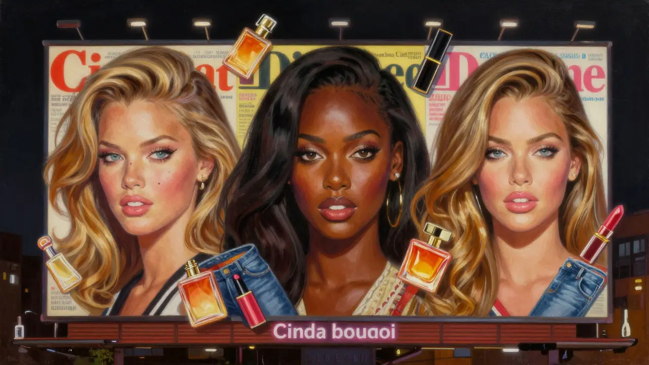 Vintage magazine covers and billboards featuring supermodels with floating brand products.