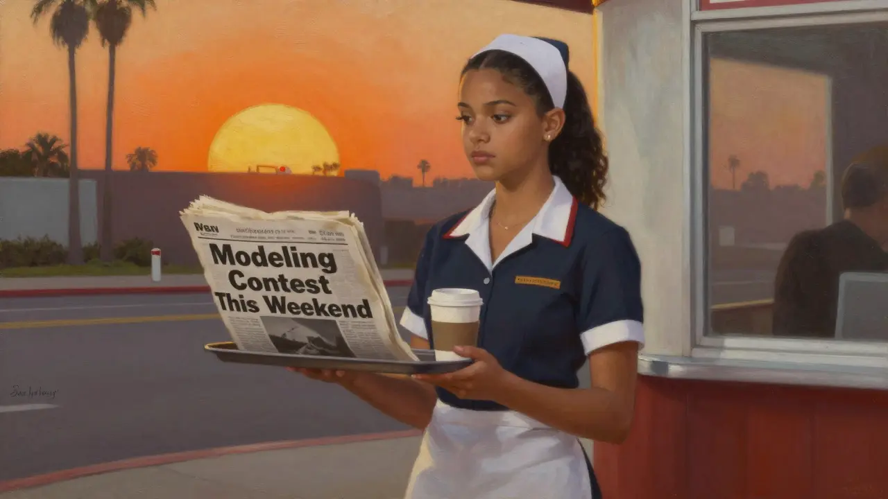 Young Briana Banks in a San Diego diner uniform, holding a coffee tray, sunlit palm trees behind her.