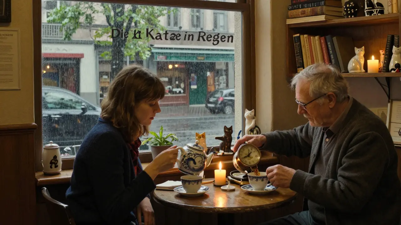 A cozy café with mismatched teacups, an old man repairing a clock, and rain-streaked windows in quiet Munich light.