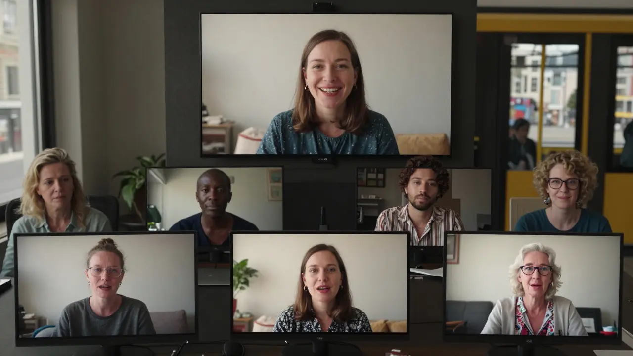 A diverse group of people watching Kitty Core’s candid video on screens, with a tram reflecting Munich outside her window.