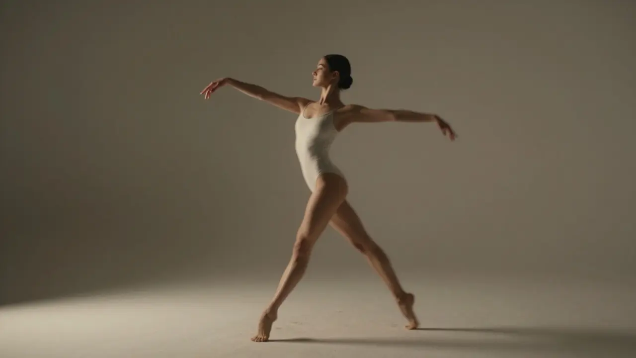 A model in motion with flowing arms and elongated spine, barefoot on sand, soft light trails around her.