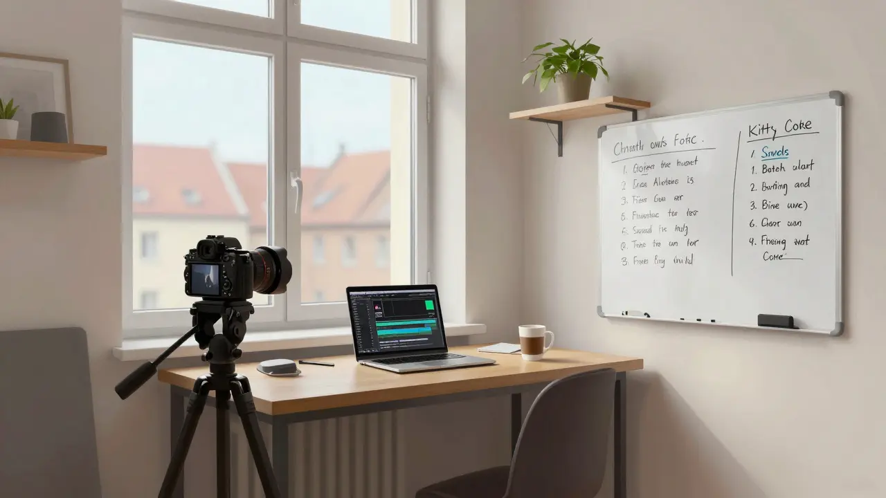 A modest studio space in Schwabing, Munich, with camera gear, a laptop, and handwritten notes under natural light.