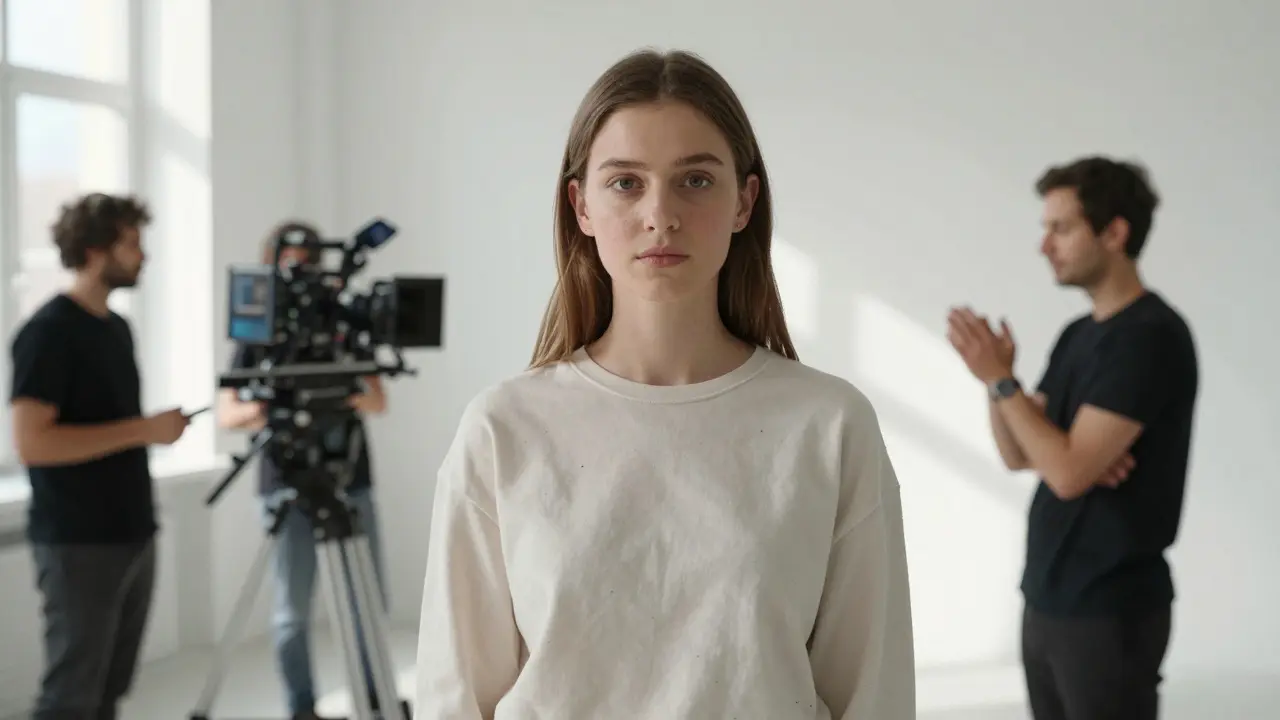 A performer calmly filming a natural-light scene in a minimalist studio, crew blurred in background.