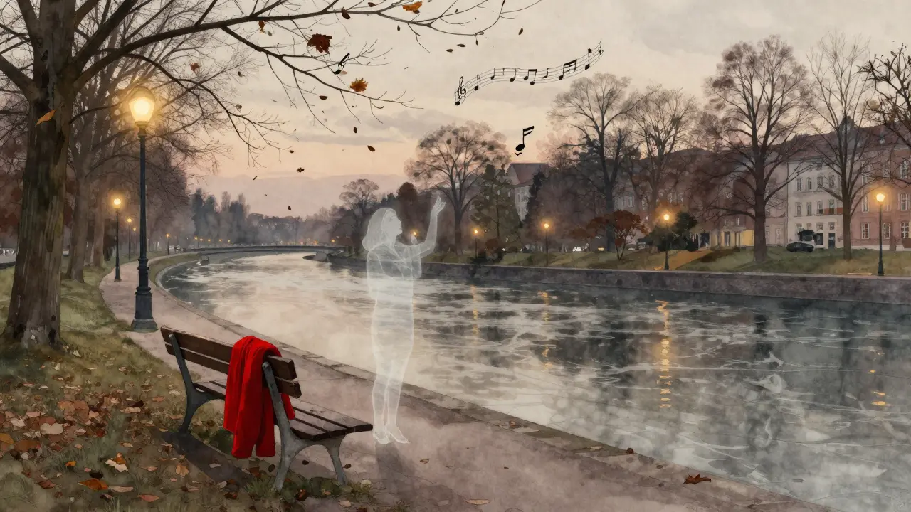 A red coat on a bench by a river at dusk, faint ghostly figure singing, leaves drifting in the wind.