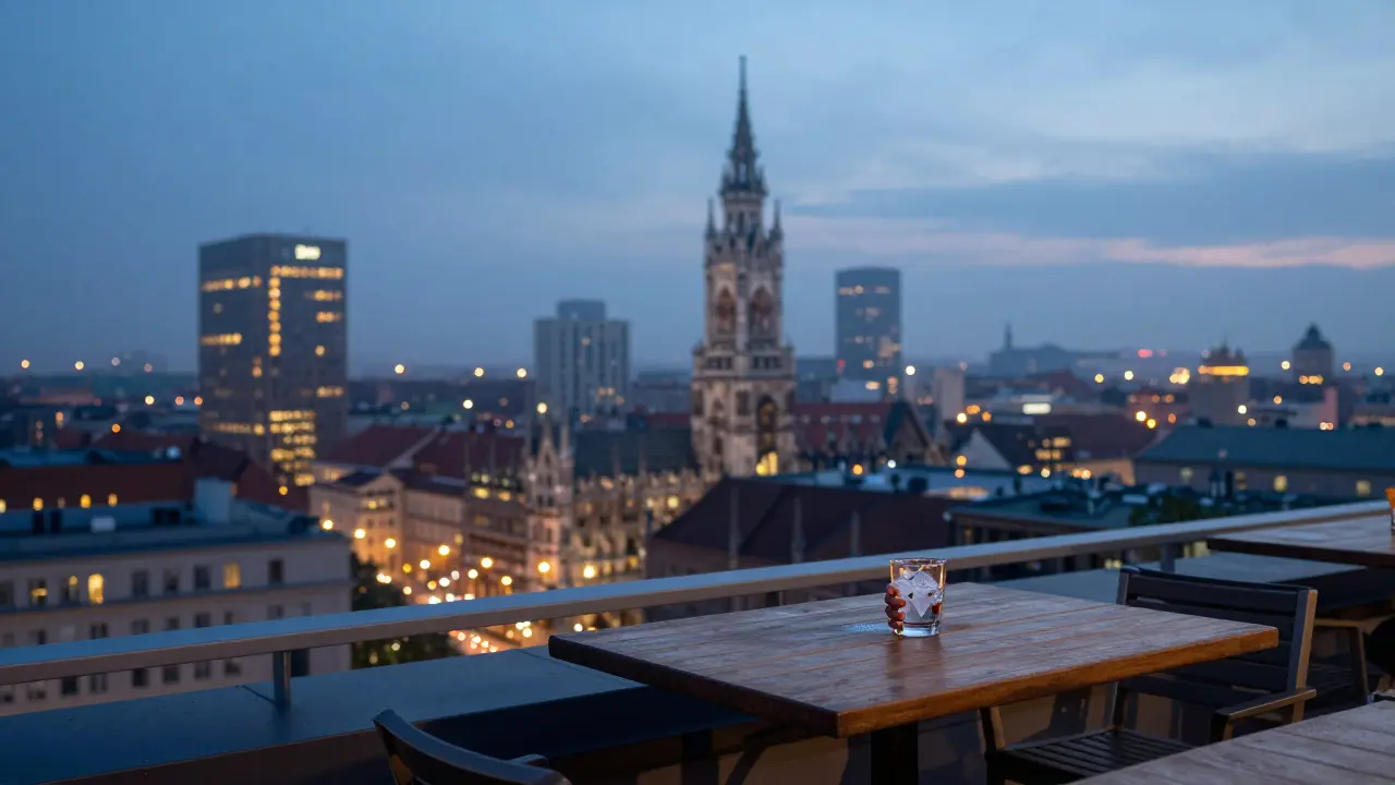 A solitary figure sits at a quiet rooftop bar at dawn, overlooking Munich’s glowing city lights in serene silence.