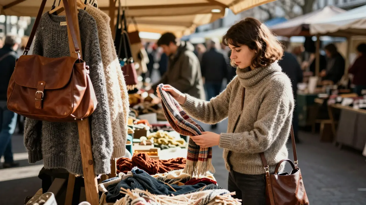 A woman buys a hand-knitted scarf at Viktualienmarkt, surrounded by natural materials and wooden stalls.