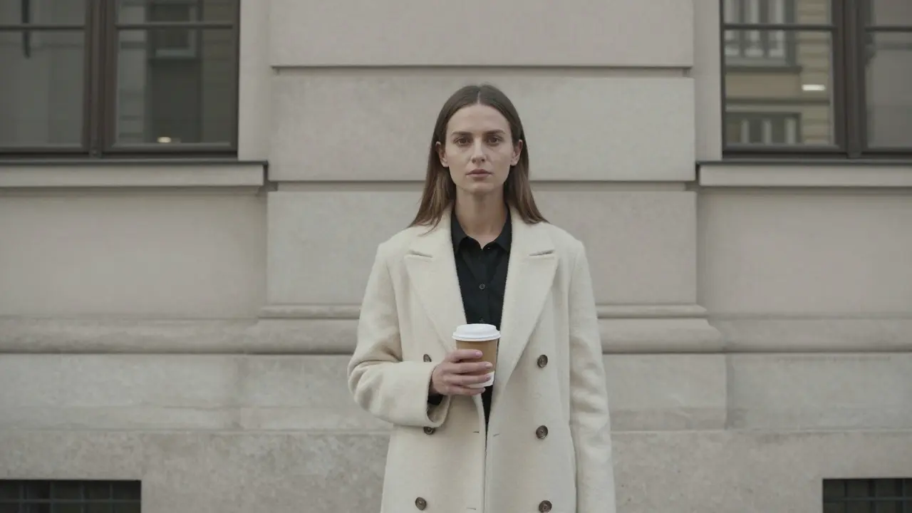 A woman stands before a minimalist building, her coat mirroring its clean lines, holding coffee in quiet stillness.