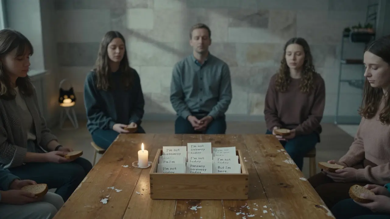 A wooden box filled with handwritten notes sits untouched on a table as people sit in silent, respectful communion.