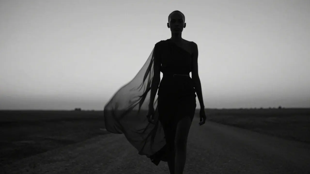Adut Akech walking a runway at dusk, her silhouette calm and powerful under low-angle lighting.