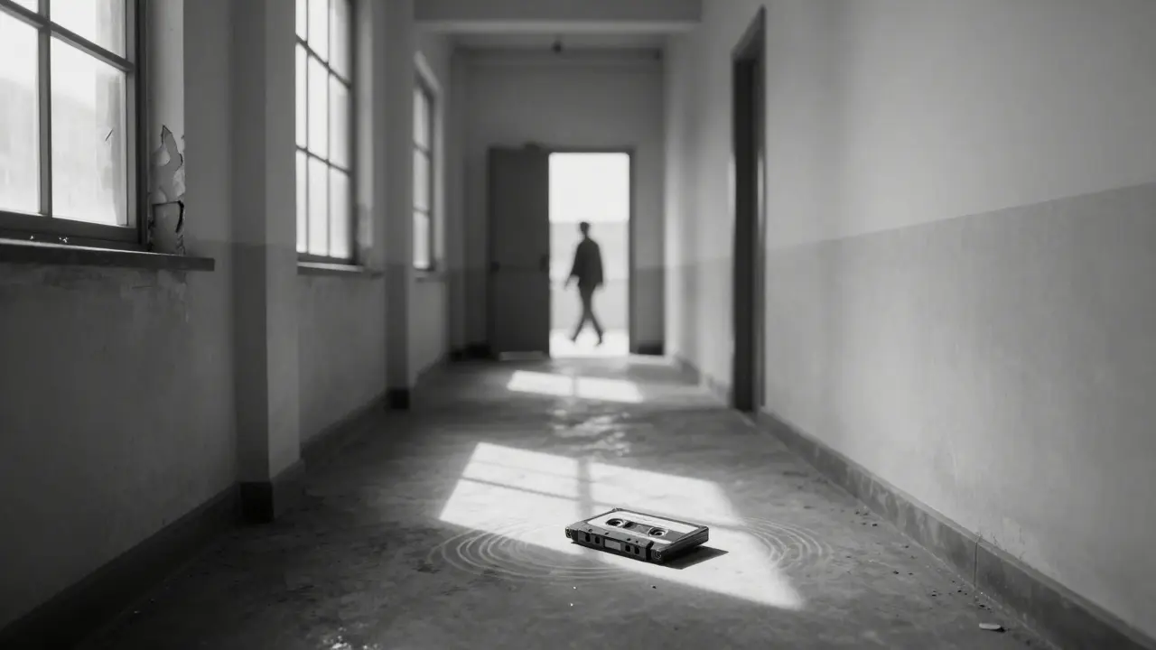 An empty hallway with a single cassette tape on the floor, sunlight streaming through broken windows.