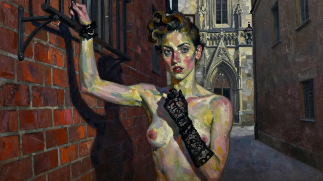 Briana Banks posing against a brick wall in Munich, pulling off a lace glove, dramatic shadows and expressionist lighting.