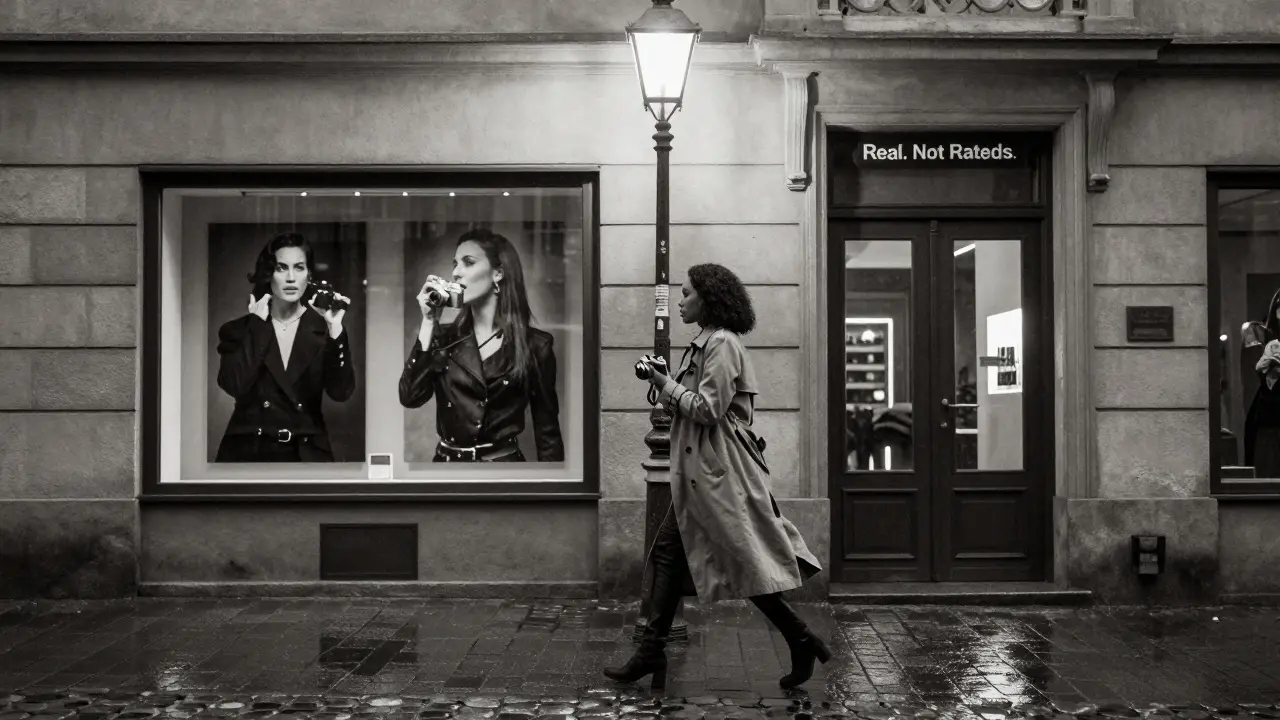 Briana Banks walking through a Munich alley at dusk, trench coat, holding a camera, 'Real. Not Rated.' sign visible.
