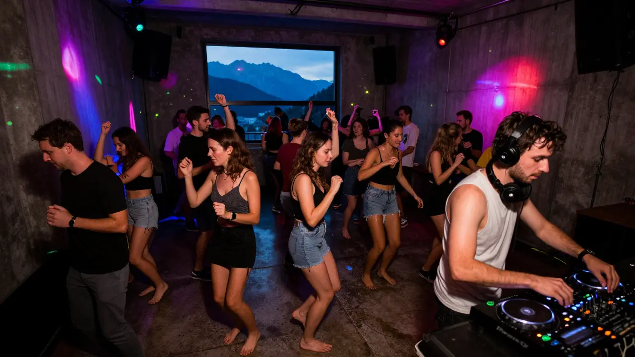 Crowd dancing at Reitschule club under pulsing lights, concrete walls and sticky floor, night atmosphere.