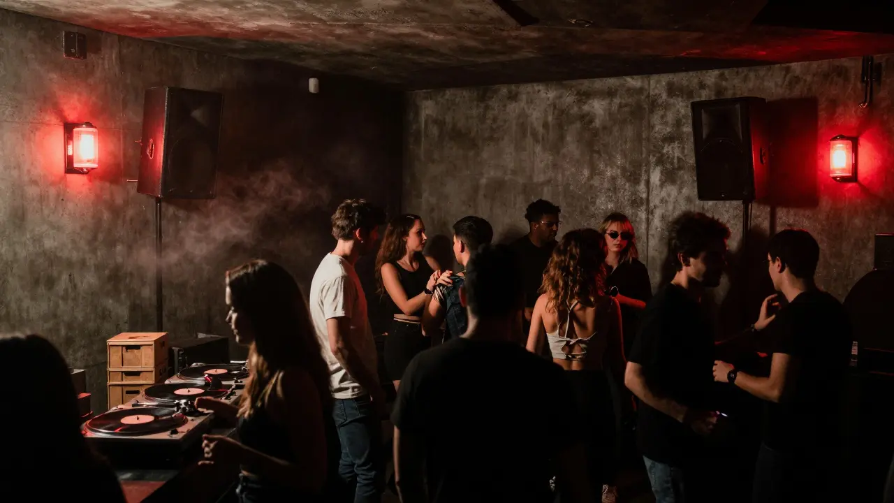 Crowded underground club with concrete walls and dancers under red lighting.