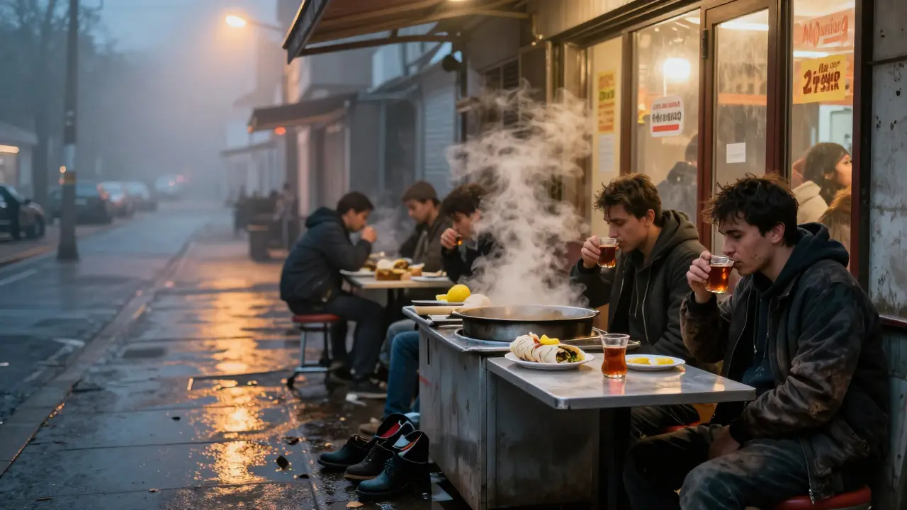 Early morning döner shop at Stachus, exhausted clubbers drinking tea with lemon, steam rising in dawn light.